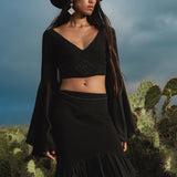 Black Boho Linen Set, Embroidered Indian Top, Maxi Skirt, Handmade Summer Festival Two Piece - AYA SW IDR