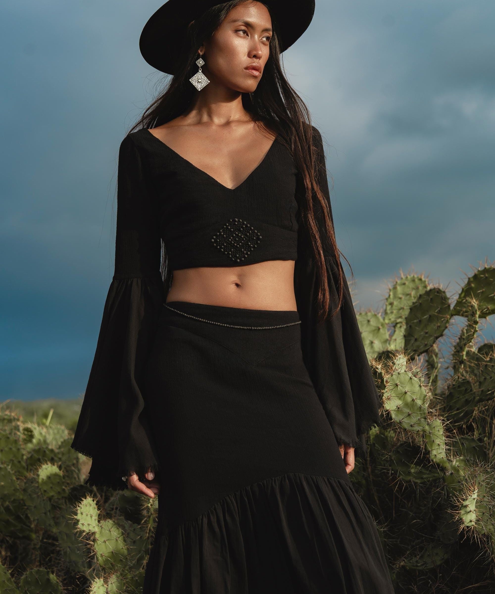 Black Boho Linen Set, Embroidered Indian Top, Maxi Skirt, Handmade Summer Festival Two Piece - AYA SW IDR