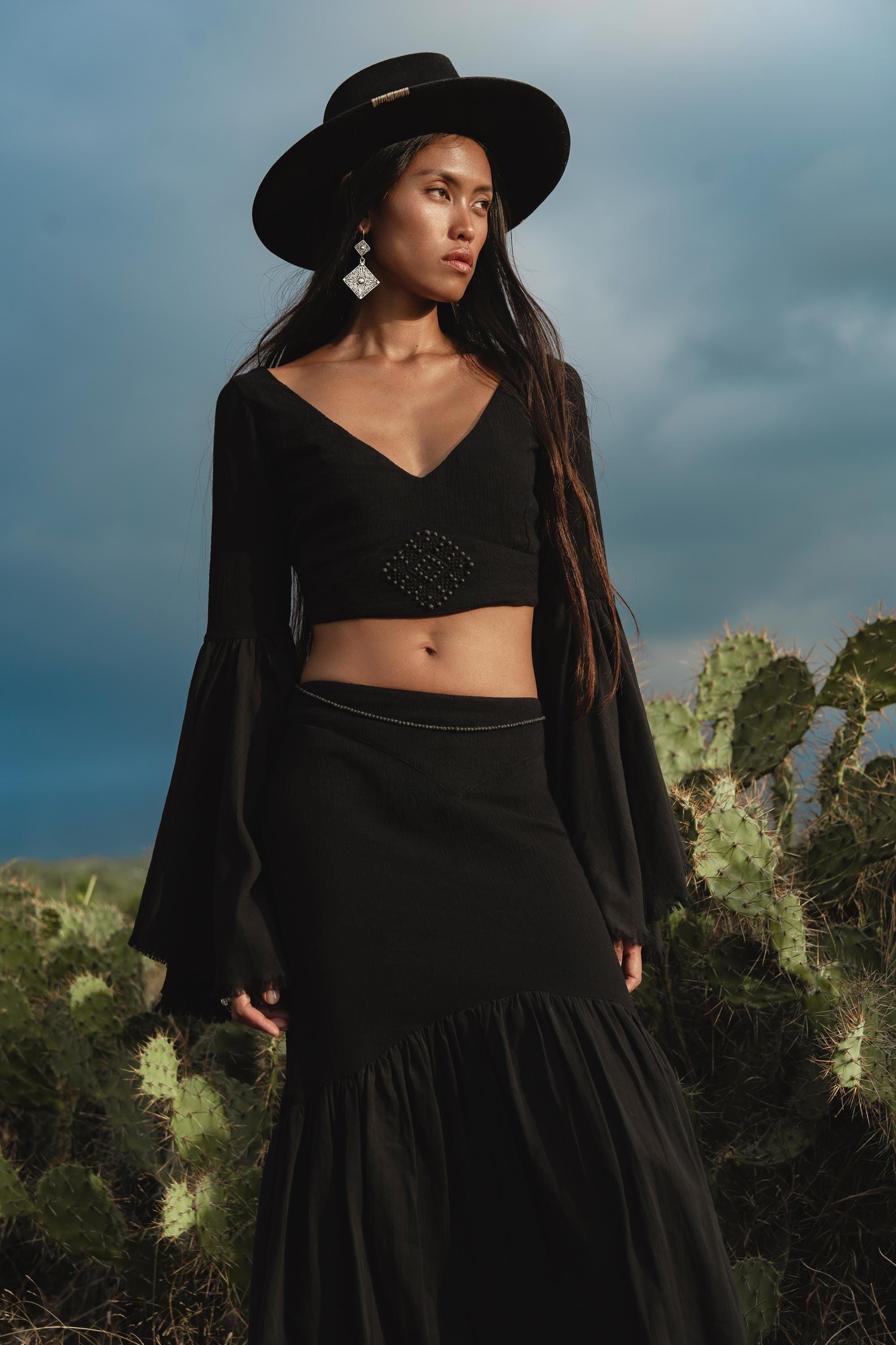 Black Boho Linen Set, Embroidered Indian Top, Maxi Skirt, Handmade Summer Festival Two Piece - AYA SW IDR