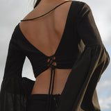 Black Boho Linen Set, Embroidered Indian Top, Maxi Skirt, Handmade Summer Festival Two Piece - AYA SW IDR