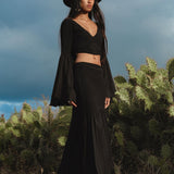 Black Boho Linen Set, Embroidered Indian Top, Maxi Skirt, Handmade Summer Festival Two Piece - AYA SW IDR
