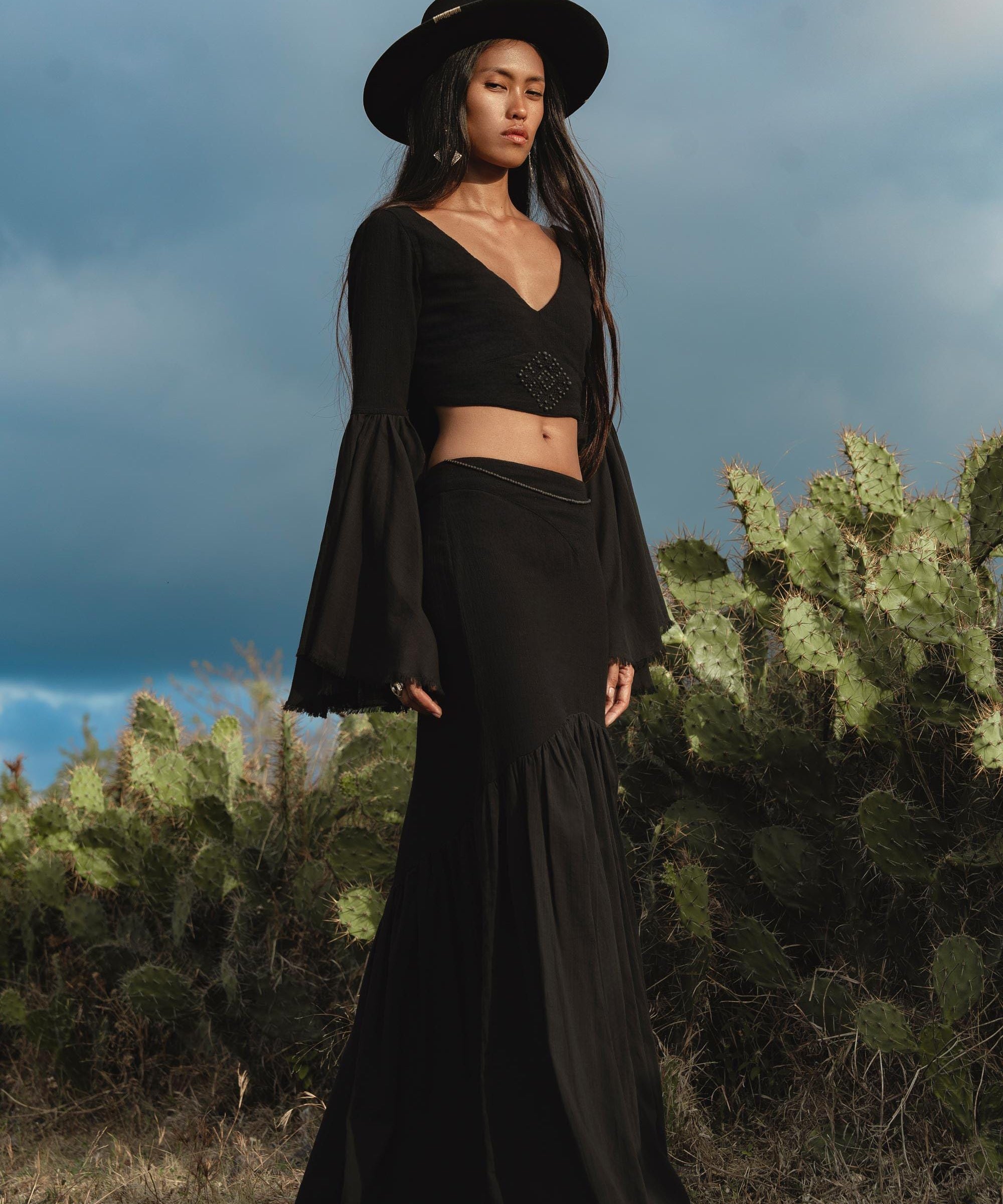 Black Boho Linen Set, Embroidered Indian Top, Maxi Skirt, Handmade Summer Festival Two Piece - AYA SW IDR