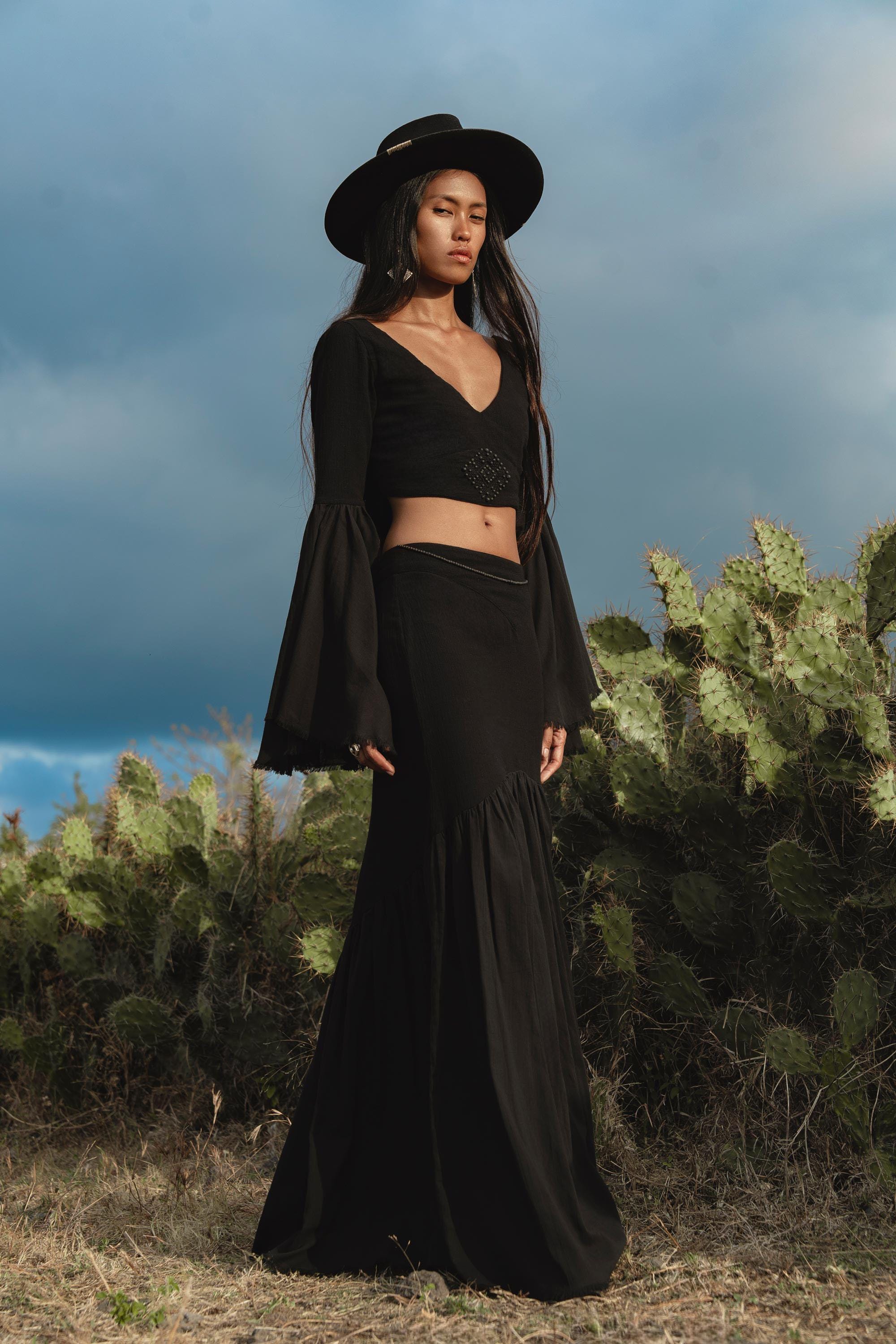 Black Boho Linen Set, Embroidered Indian Top, Maxi Skirt, Handmade Summer Festival Two Piece - AYA SW IDR