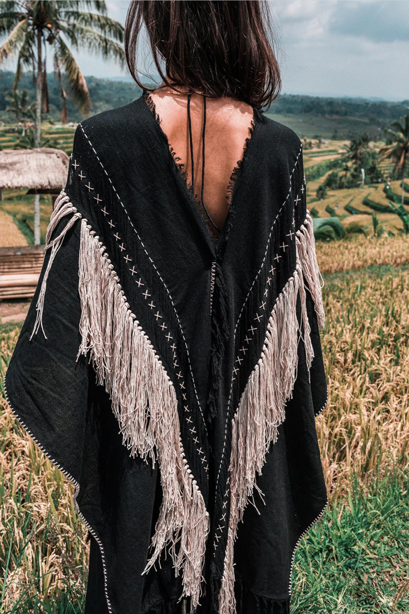 Black Boho Poncho • Hand Stitch Mantel with Hand Loomed Tassels - AYA SW IDR
