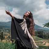 Black Boho Poncho • Hand Stitch Mantel with Hand Loomed Tassels - AYA SW IDR