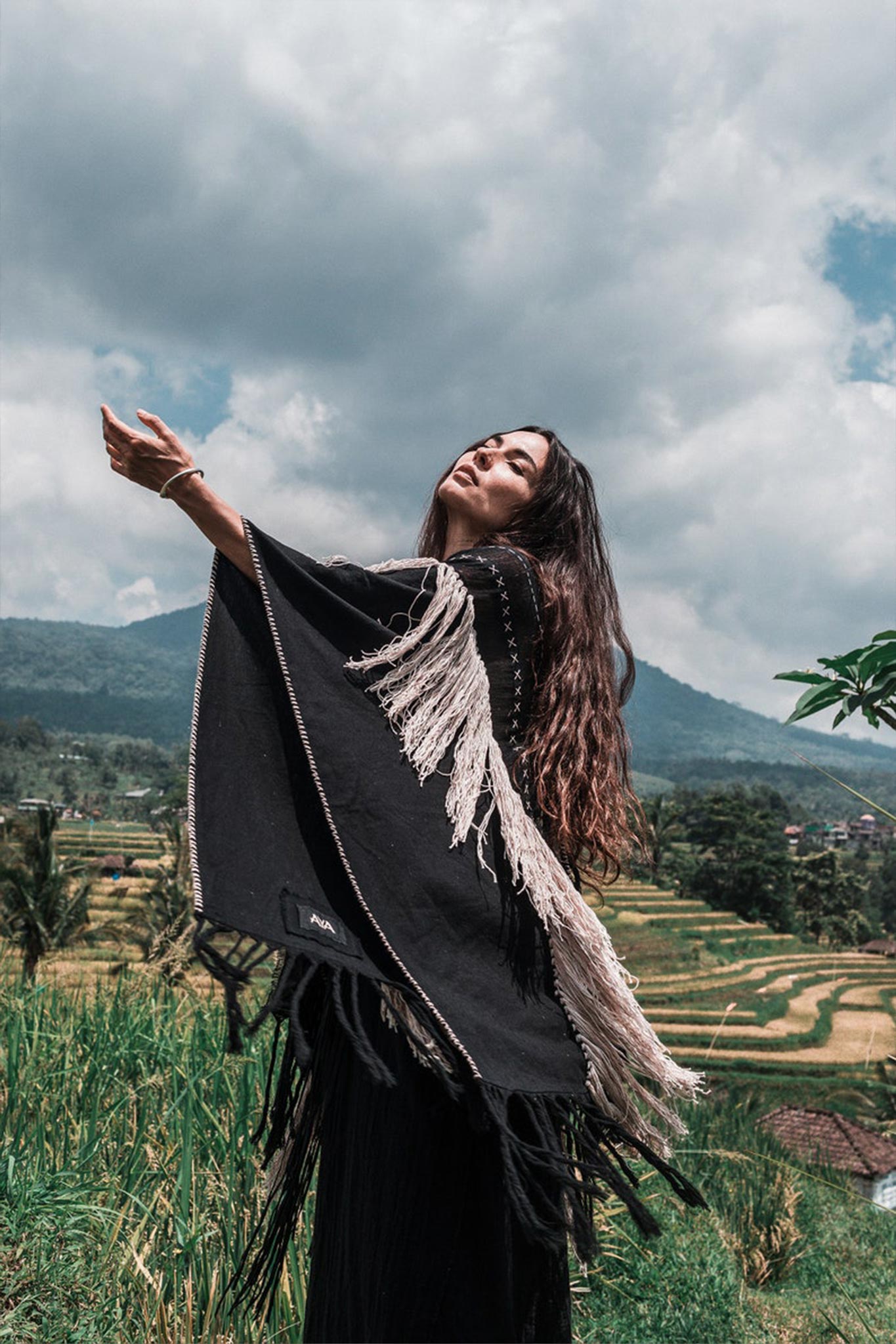 Black Boho Poncho • Hand Stitch Mantel with Hand Loomed Tassels - AYA SW IDR