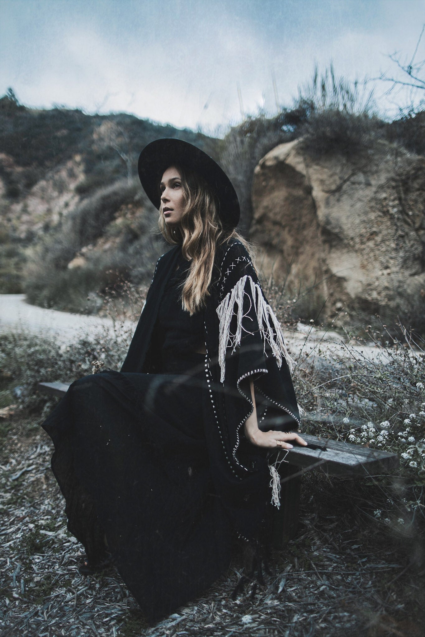 Black Boho Poncho • Hand Stitch Mantel with Hand Loomed Tassels - AYA SW IDR