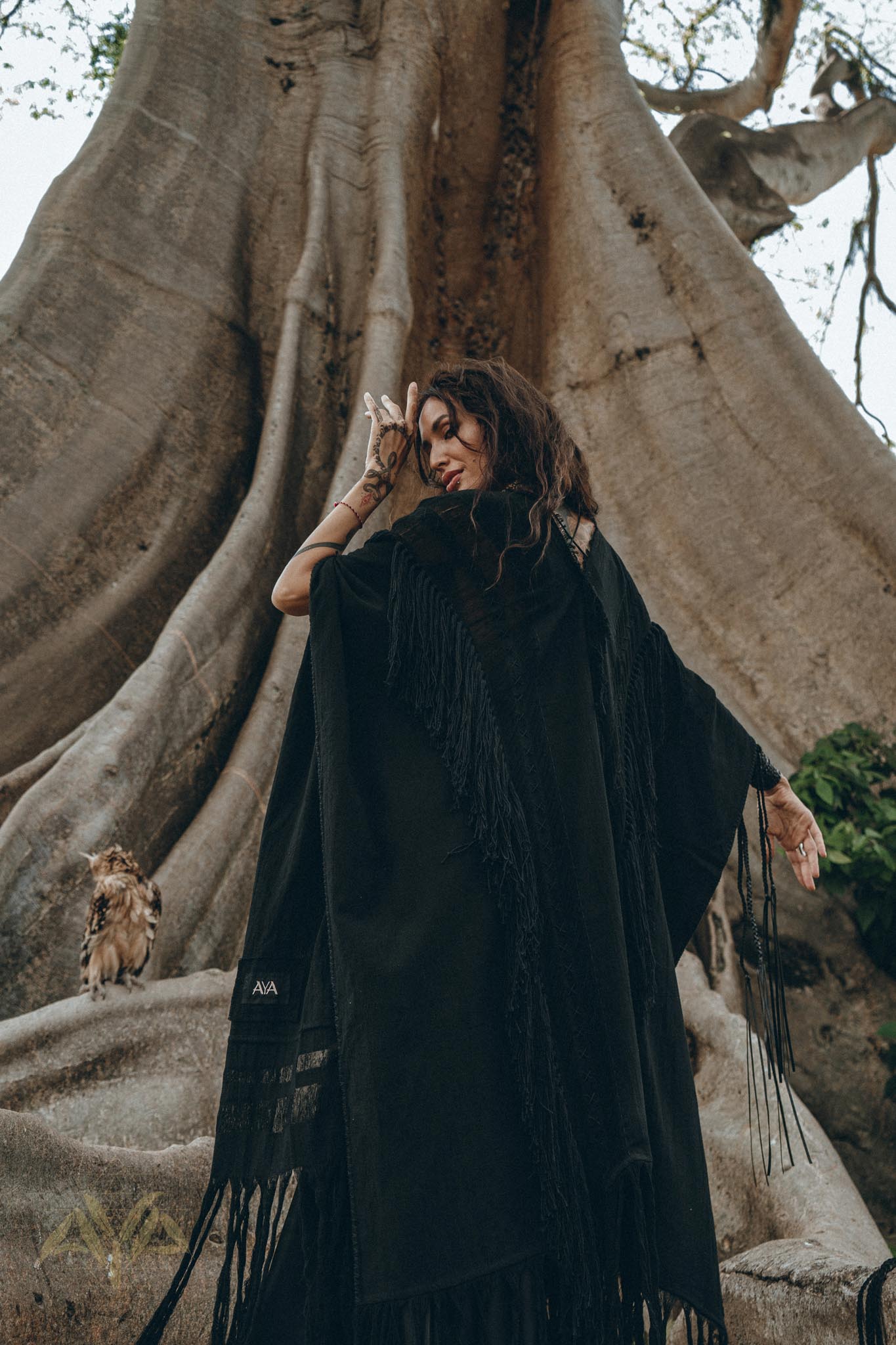 Black Boho Poncho • Long Poncho Robe Cardigan • Bridal Cover Up Cardigan - AYA SW IDR