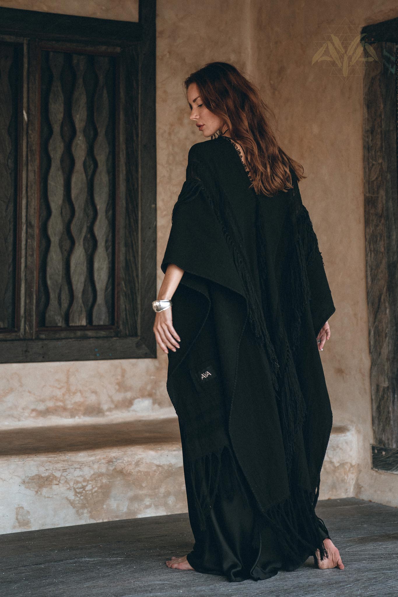 Black Boho Poncho • Long Poncho Robe Cardigan • Bridal Cover Up Cardigan - AYA SW IDR
