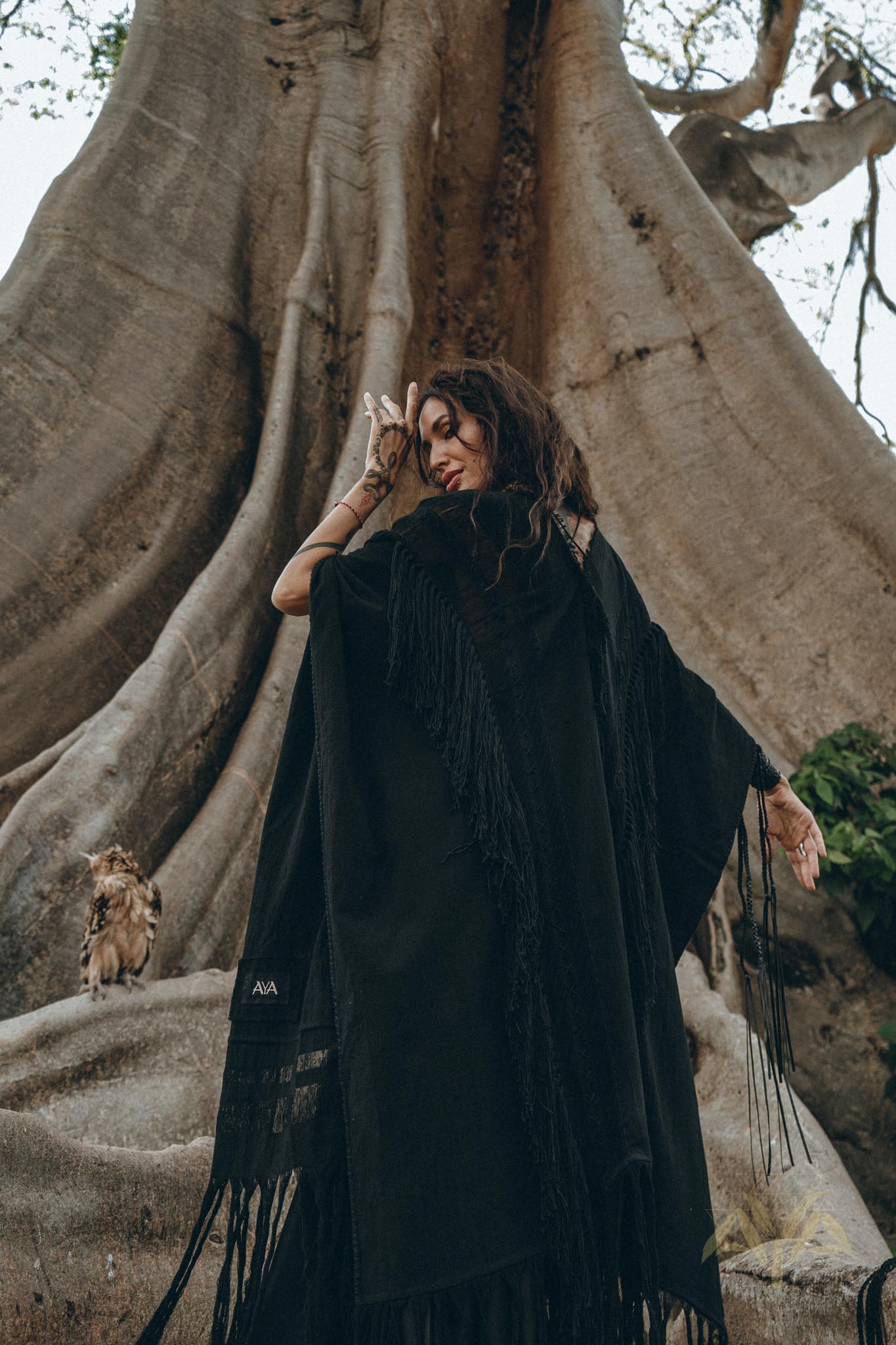 Black Boho Poncho • Long Poncho Robe Cardigan • Bridal Cover Up Cardigan - AYA SW IDR