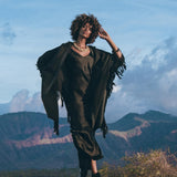 Black Boho Poncho • Plus Size Clothing • Unisex Hand - loomed Poncho - AYA SW IDR