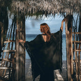 Black Boho Poncho • Plus Size Clothing • Unisex Hand - loomed Poncho - AYA SW IDR