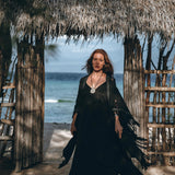 Black Boho Poncho • Plus Size Clothing • Unisex Hand - loomed Poncho - AYA SW IDR