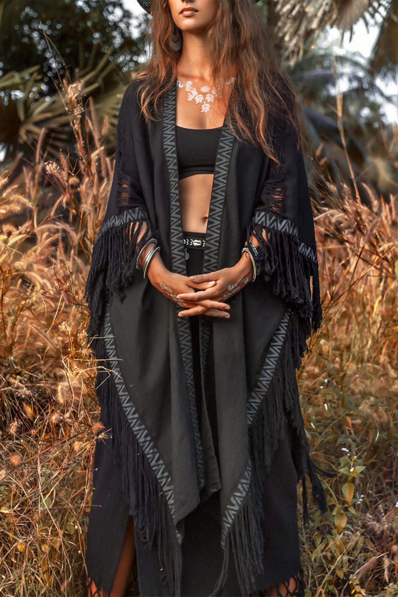 Black Boho Poncho • Plus Size Clothing • Unisex Hand - loomed Poncho - AYA SW IDR