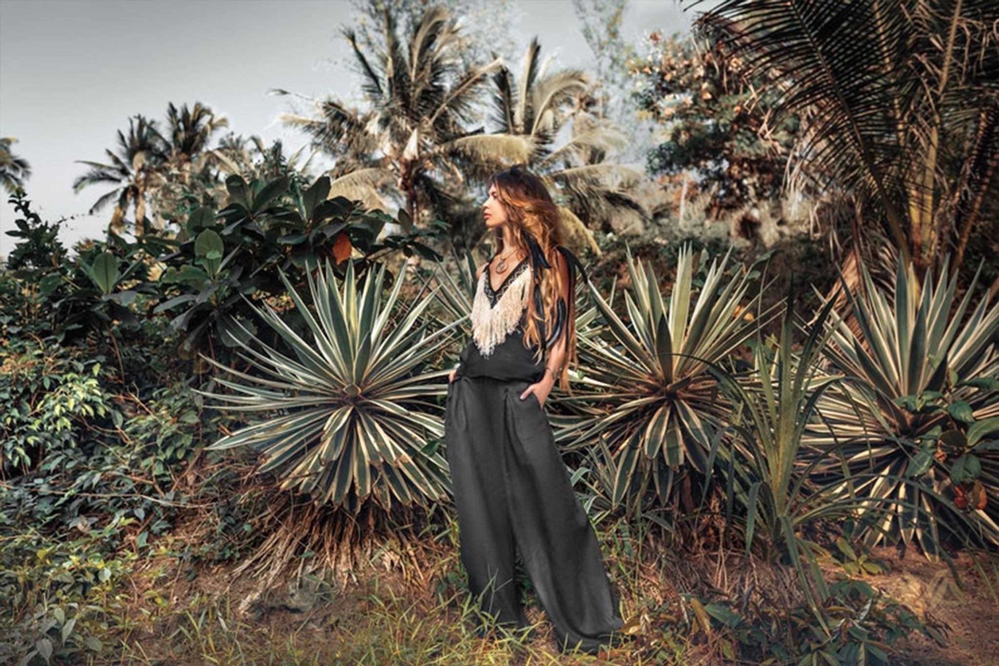 Black Boho Tunic Top with Tassels and Hand Embroidery - AYA SW IDR