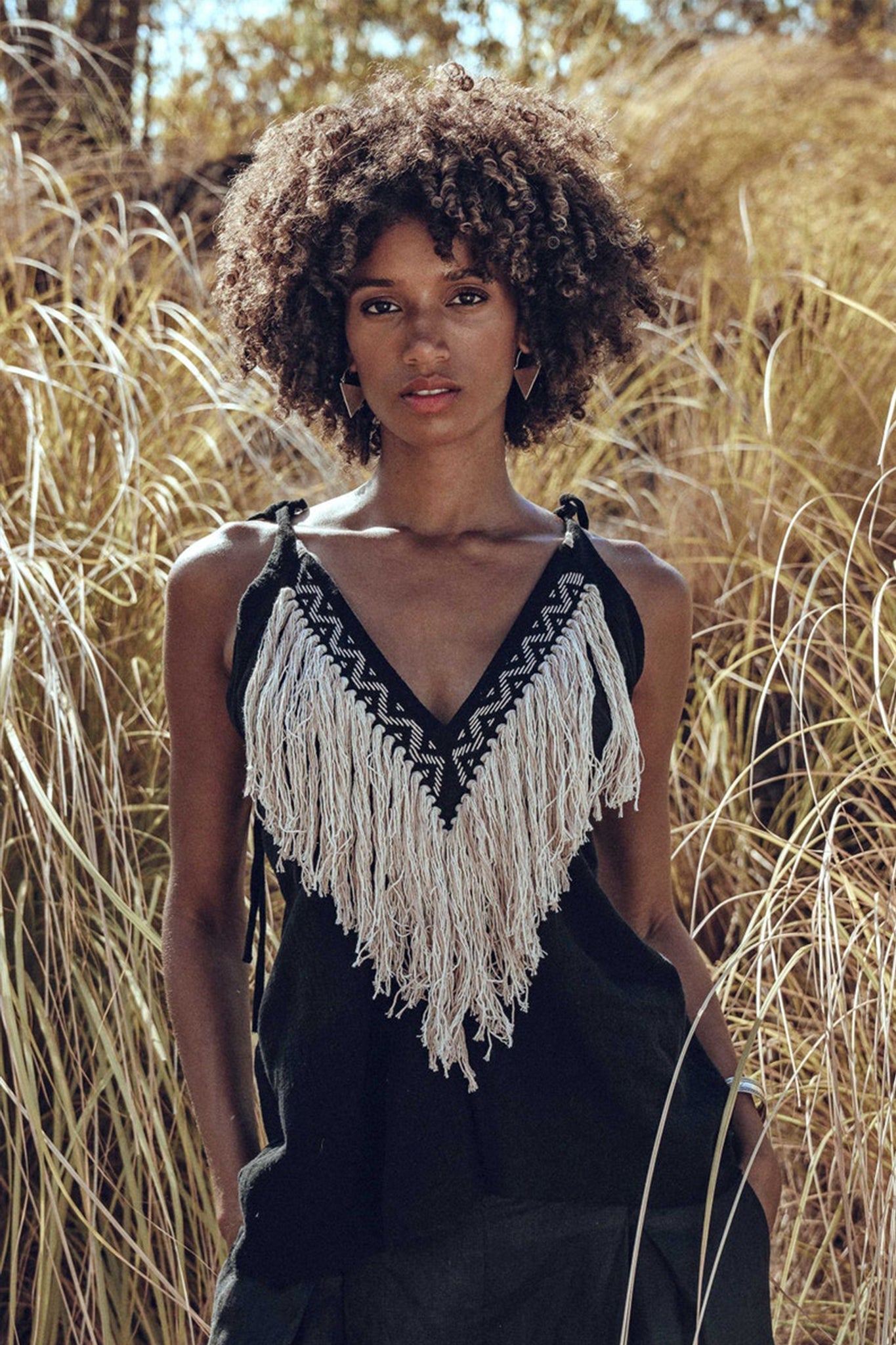 Black Boho Tunic Top with Tassels and Hand Embroidery - AYA SW IDR