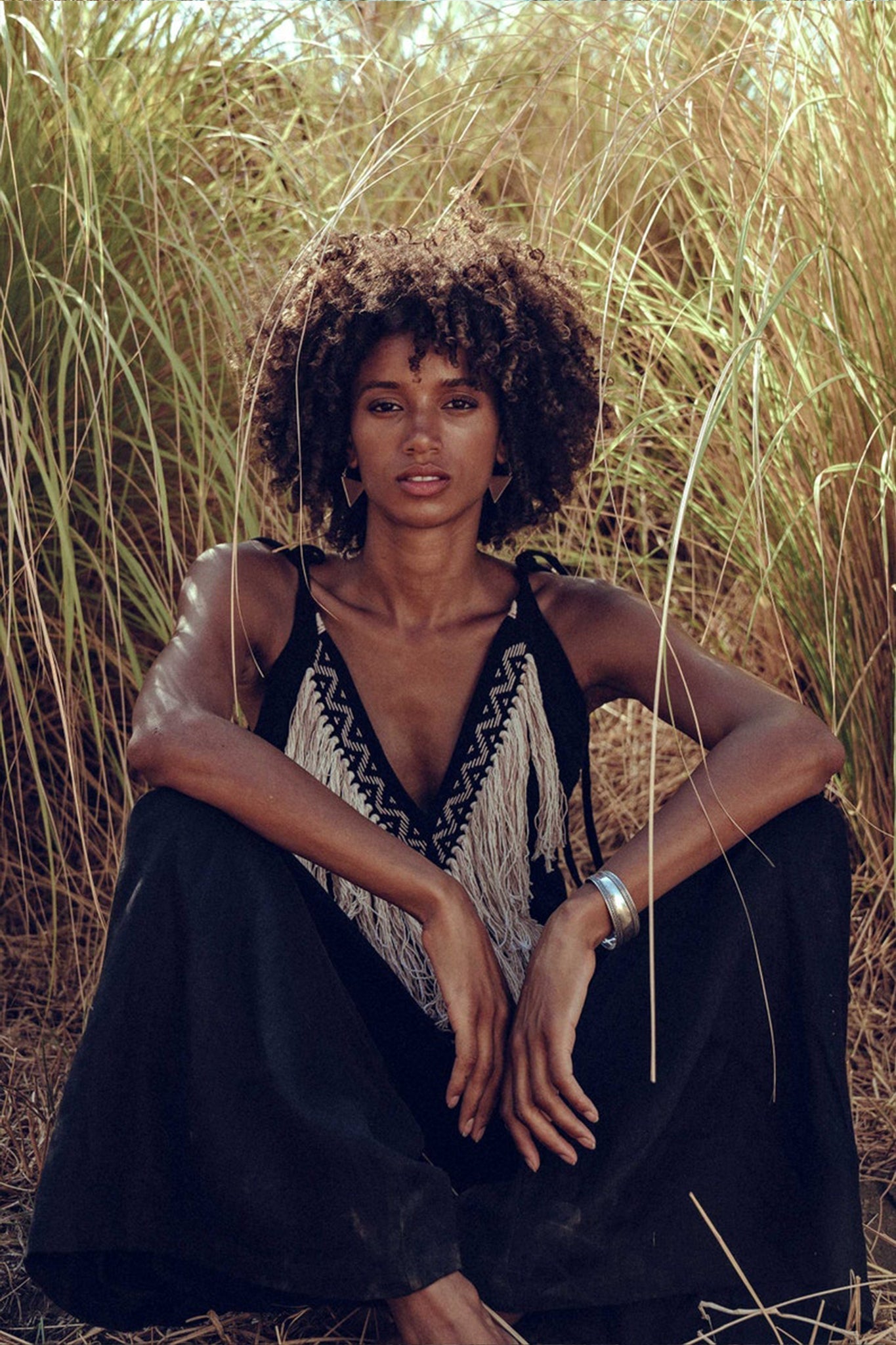Black Boho Tunic Top with Tassels and Hand Embroidery - AYA SW IDR