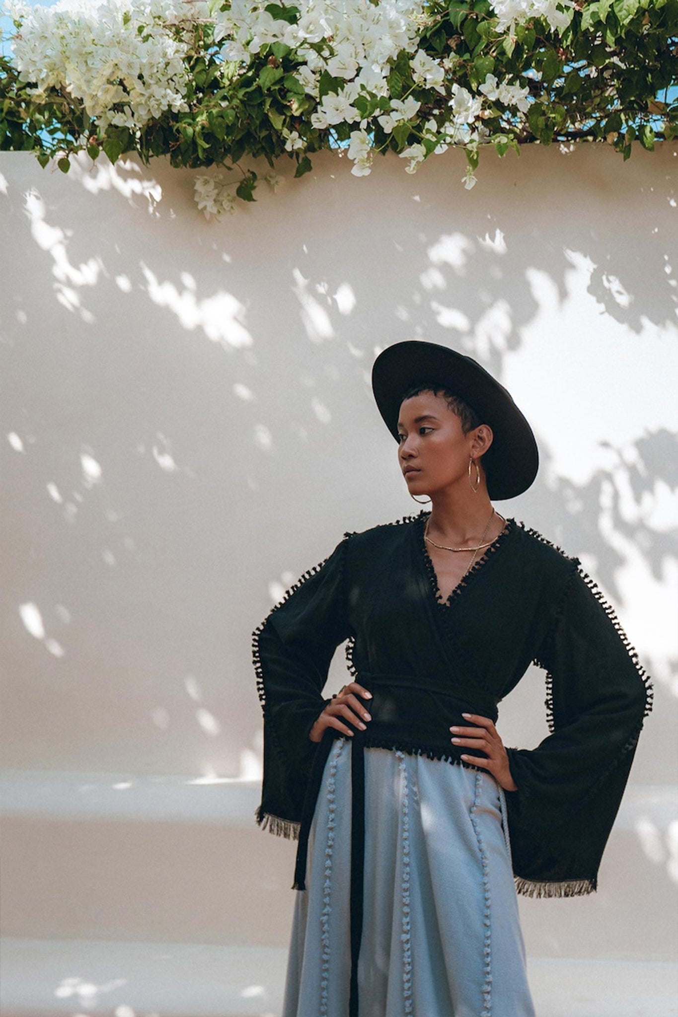 Black Boho Wrap Top • Organic Top Women • Wide Sleeve Wrap Top - AYA SW IDR