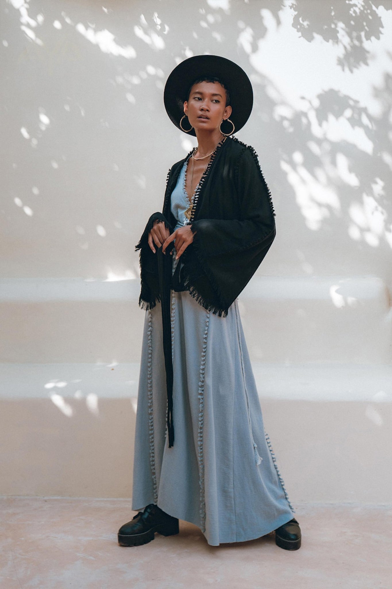 Black Boho Wrap Top • Organic Top Women • Wide Sleeve Wrap Top - AYA SW IDR