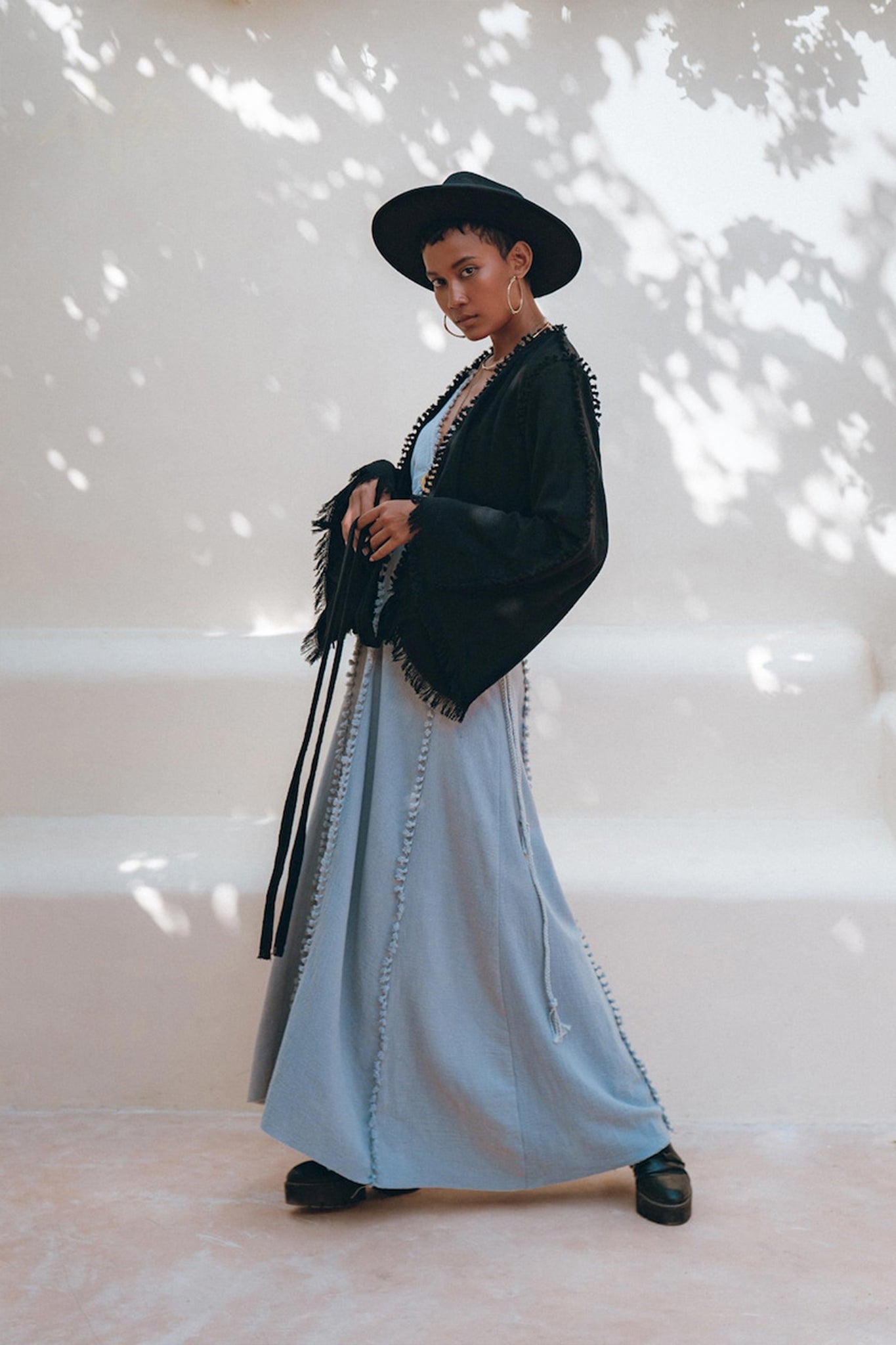 Black Boho Wrap Top • Organic Top Women • Wide Sleeve Wrap Top - AYA SW IDR