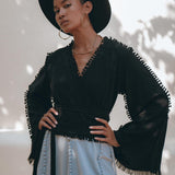 Black Boho Wrap Top • Organic Top Women • Wide Sleeve Wrap Top - AYA SW IDR
