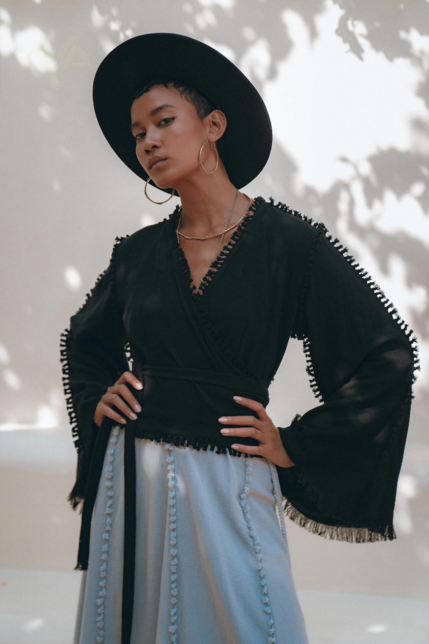 Black Boho Wrap Top • Organic Top Women • Wide Sleeve Wrap Top - AYA SW IDR