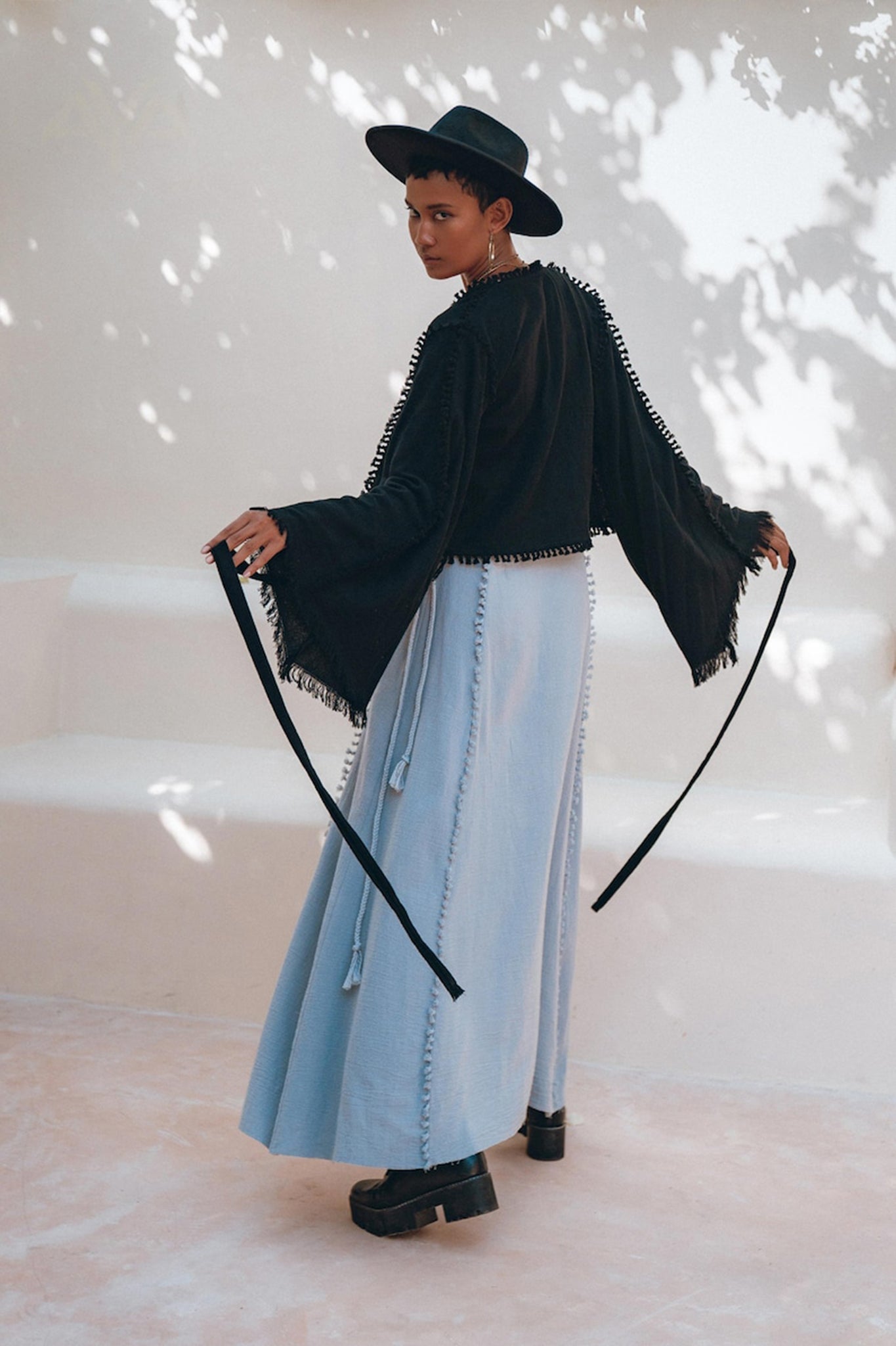 Black Boho Wrap Top • Organic Top Women • Wide Sleeve Wrap Top - AYA SW IDR