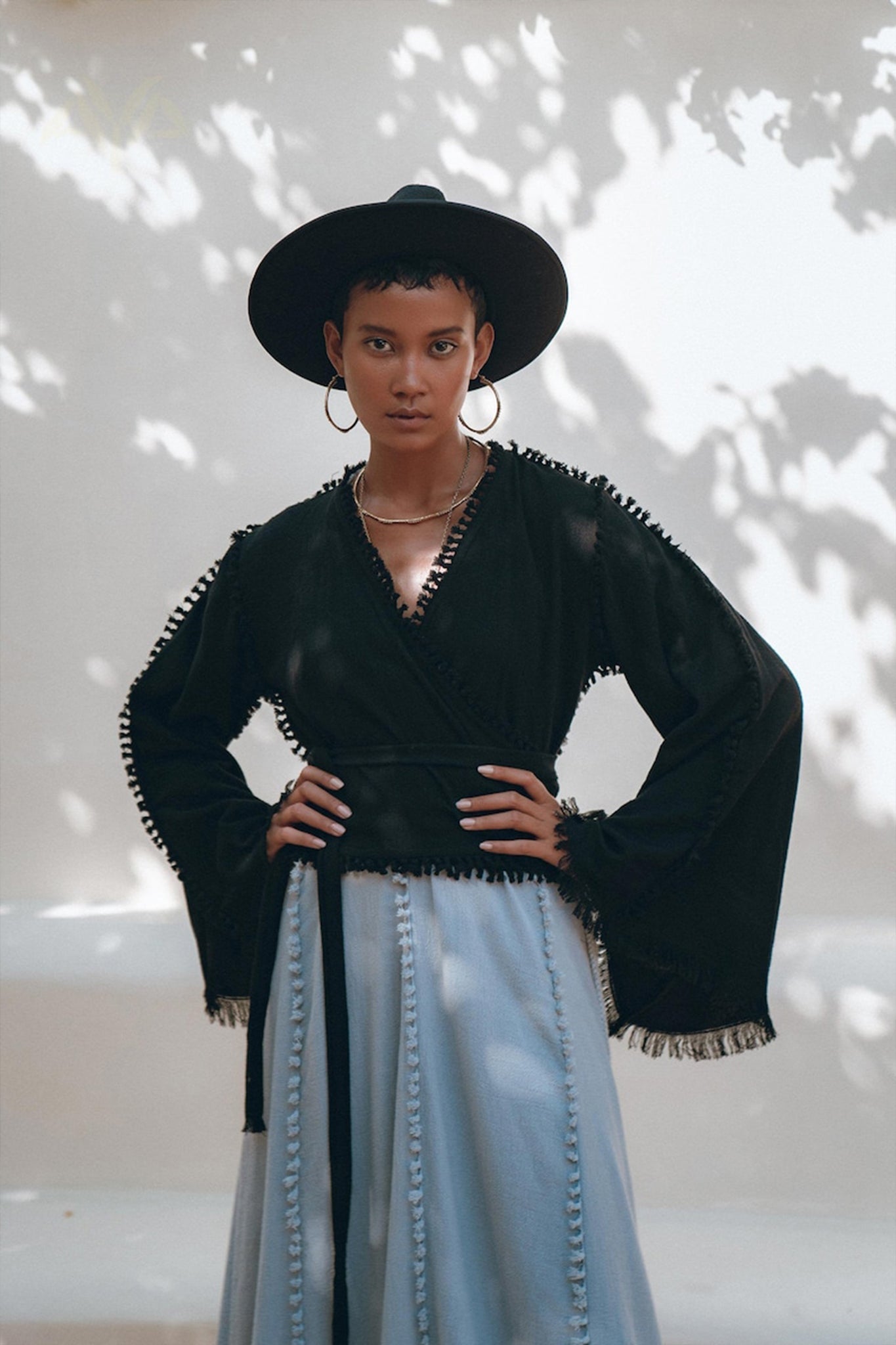 Black Boho Wrap Top • Organic Top Women • Wide Sleeve Wrap Top - AYA SW IDR