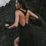Black Casual Dream Wrap Dress Open Back High Slit Dress - AYA SW IDR