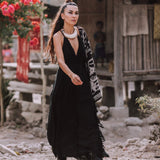 Black Cotton Boho Maxi Dress with Hand Loomed Tassels - AYA SW IDR