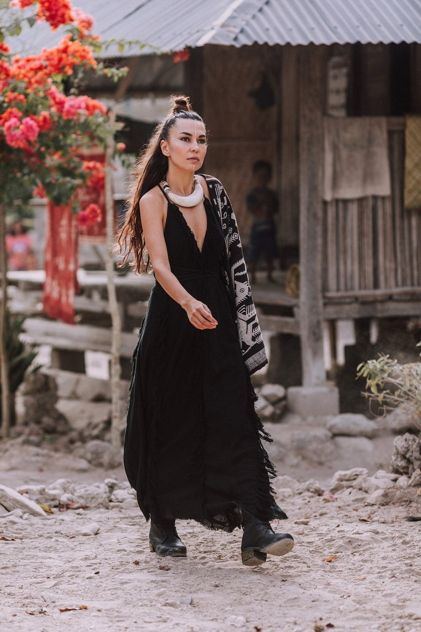 Black Cotton Boho Maxi Dress with Hand Loomed Tassels - AYA SW IDR