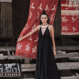 Black Cotton Boho Maxi Dress with Hand Loomed Tassels - AYA SW IDR
