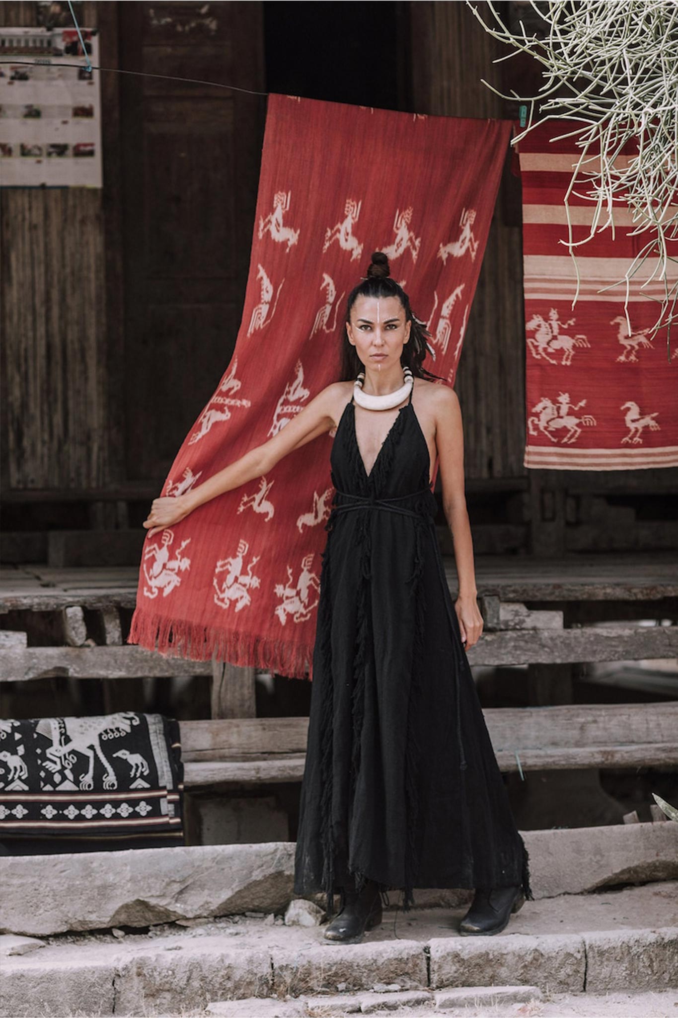 Black Cotton Boho Maxi Dress with Hand Loomed Tassels - AYA SW IDR