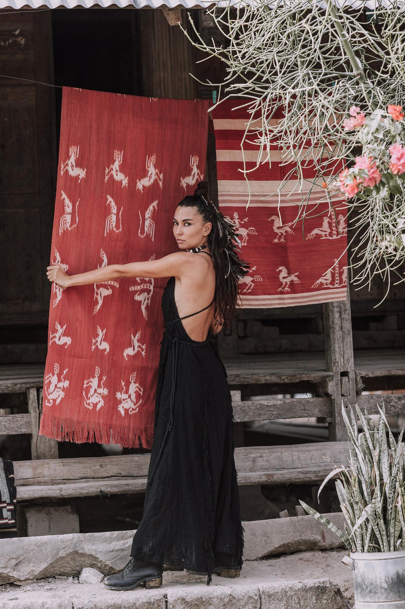 Black Cotton Boho Maxi Dress with Hand Loomed Tassels - AYA SW IDR