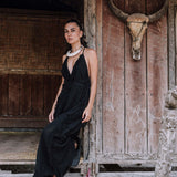 Black Cotton Boho Maxi Dress with Hand Loomed Tassels - AYA SW IDR