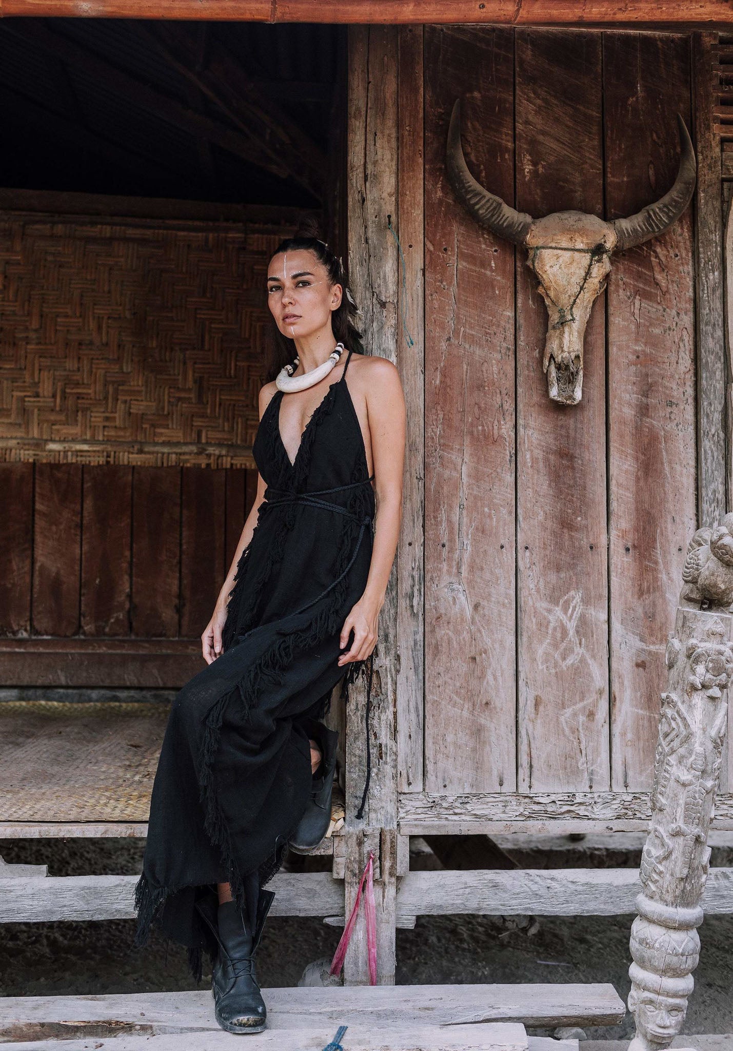 Black Cotton Boho Maxi Dress with Hand Loomed Tassels - AYA SW IDR