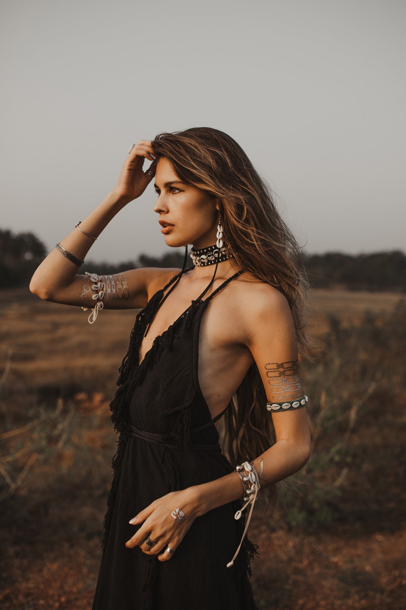 Black Cotton Boho Maxi Dress with Hand Loomed Tassels - AYA SW IDR