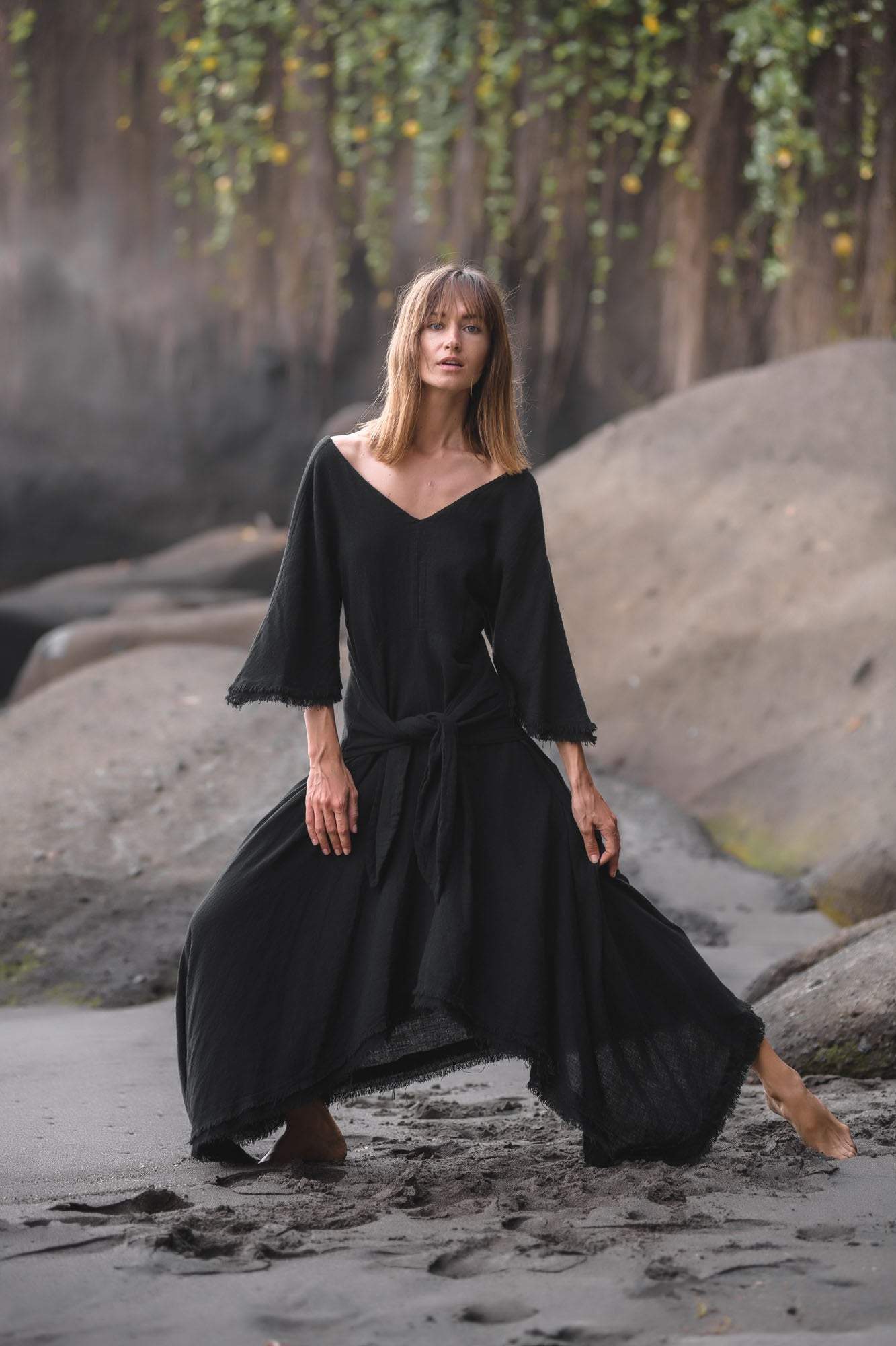 Black Cotton Dress for Women Tribal Dance Dress - AYA SW IDR