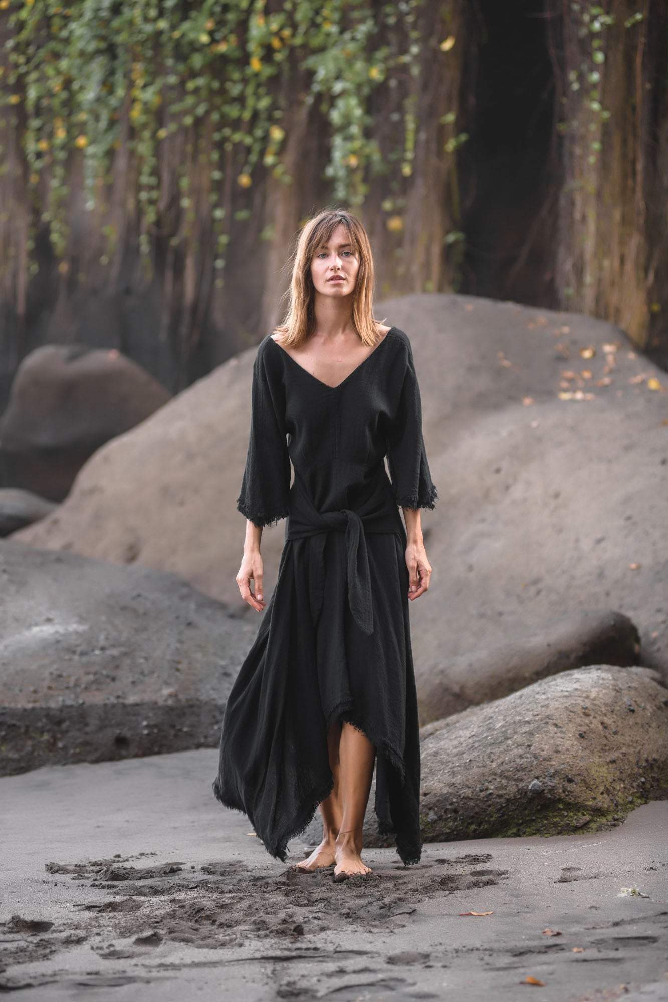 Black Cotton Dress for Women Tribal Dance Dress - AYA SW IDR