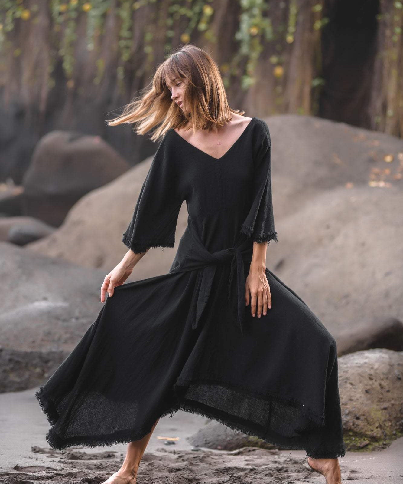 Black Cotton Dress for Women Tribal Dance Dress - AYA SW IDR