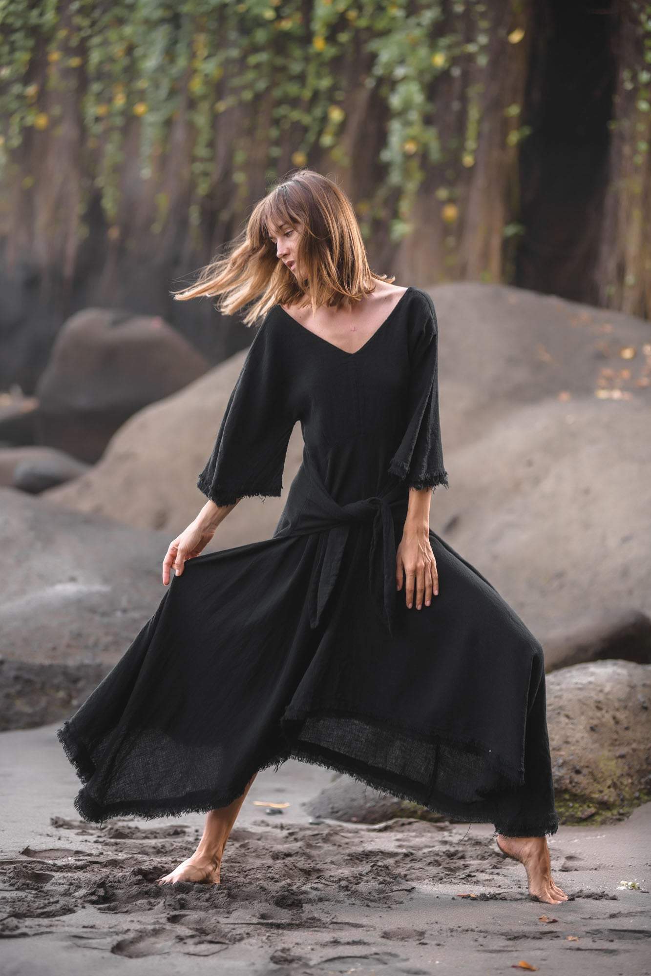 Black Cotton Dress for Women Tribal Dance Dress - AYA SW IDR