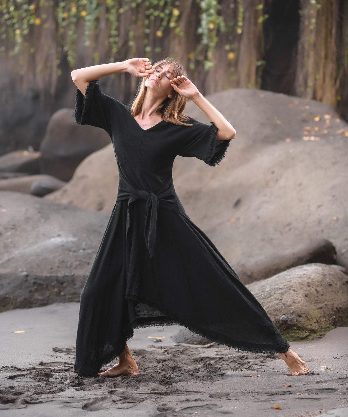 Black Cotton Dress for Women Tribal Dance Dress - AYA SW IDR