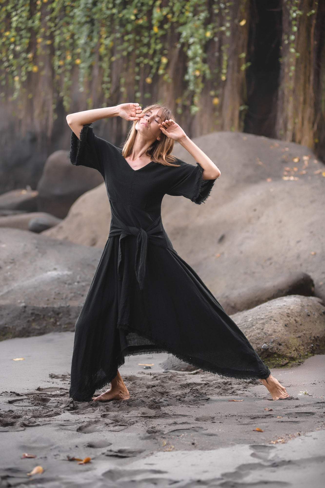 Black Cotton Dress for Women Tribal Dance Dress - AYA SW IDR