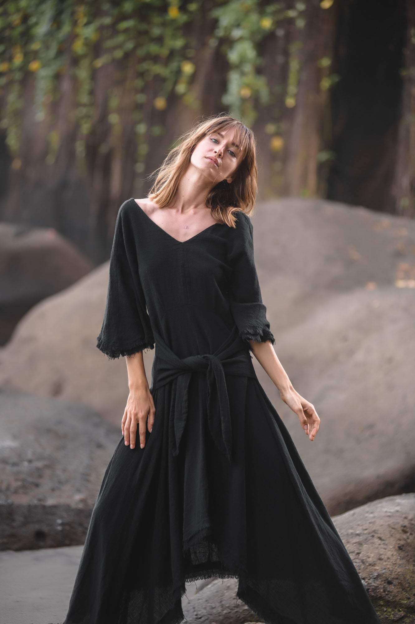 Black Cotton Dress for Women Tribal Dance Dress - AYA SW IDR