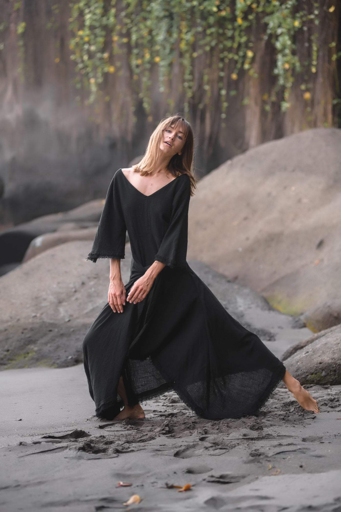Black Cotton Dress for Women Tribal Dance Dress - AYA SW IDR