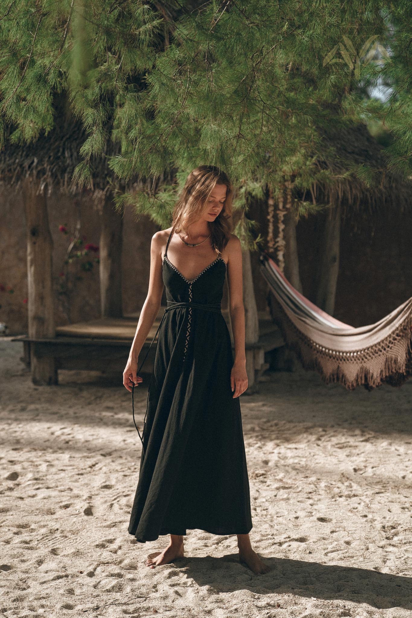 Black Cotton Slip Dress with Hand Embroidery - AYA SW IDR