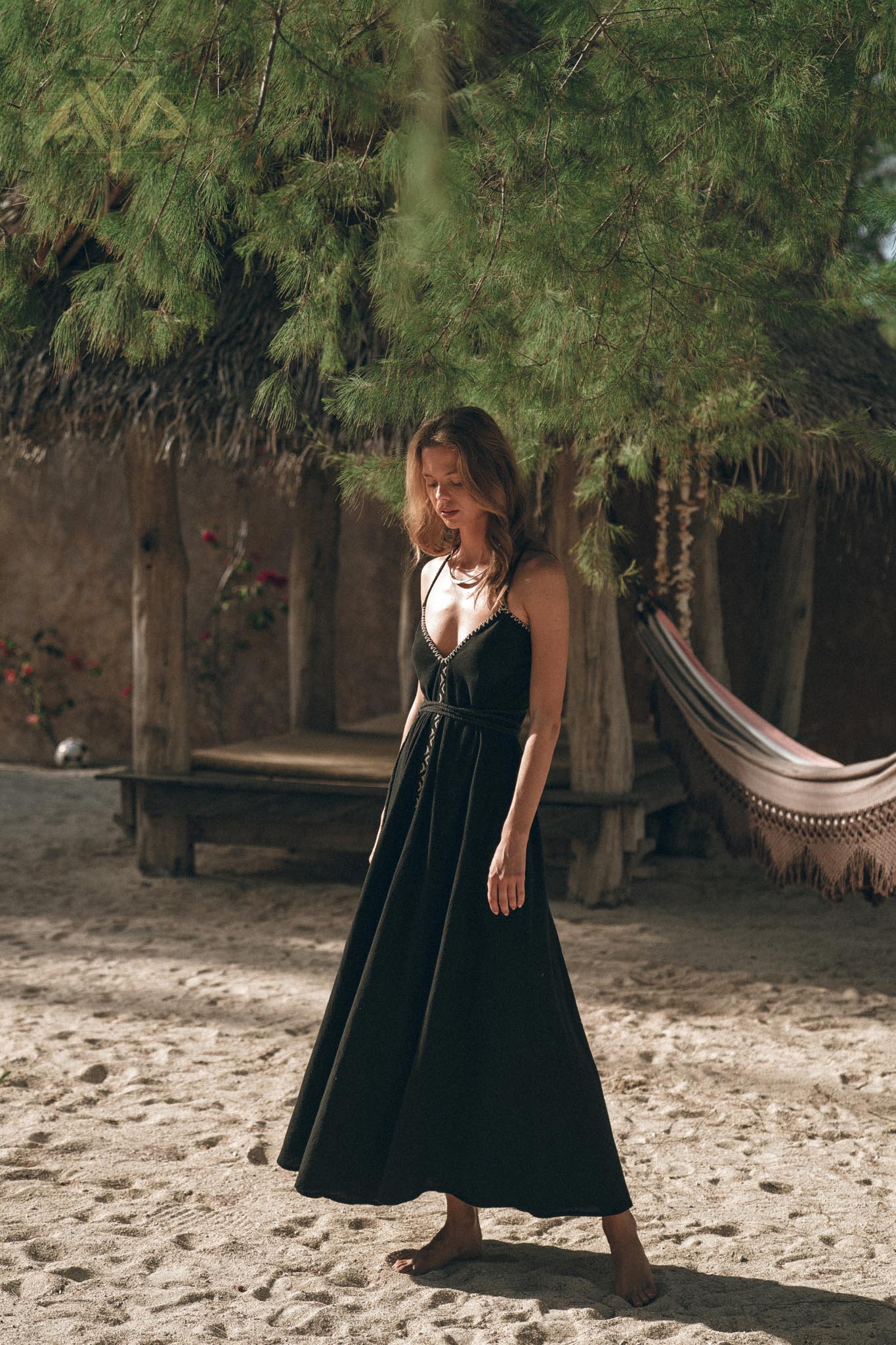 Black Cotton Slip Dress with Hand Embroidery - AYA SW IDR