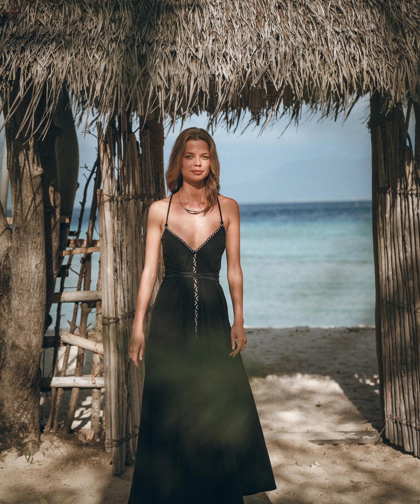 Black Cotton Slip Dress with Hand Embroidery - AYA SW IDR