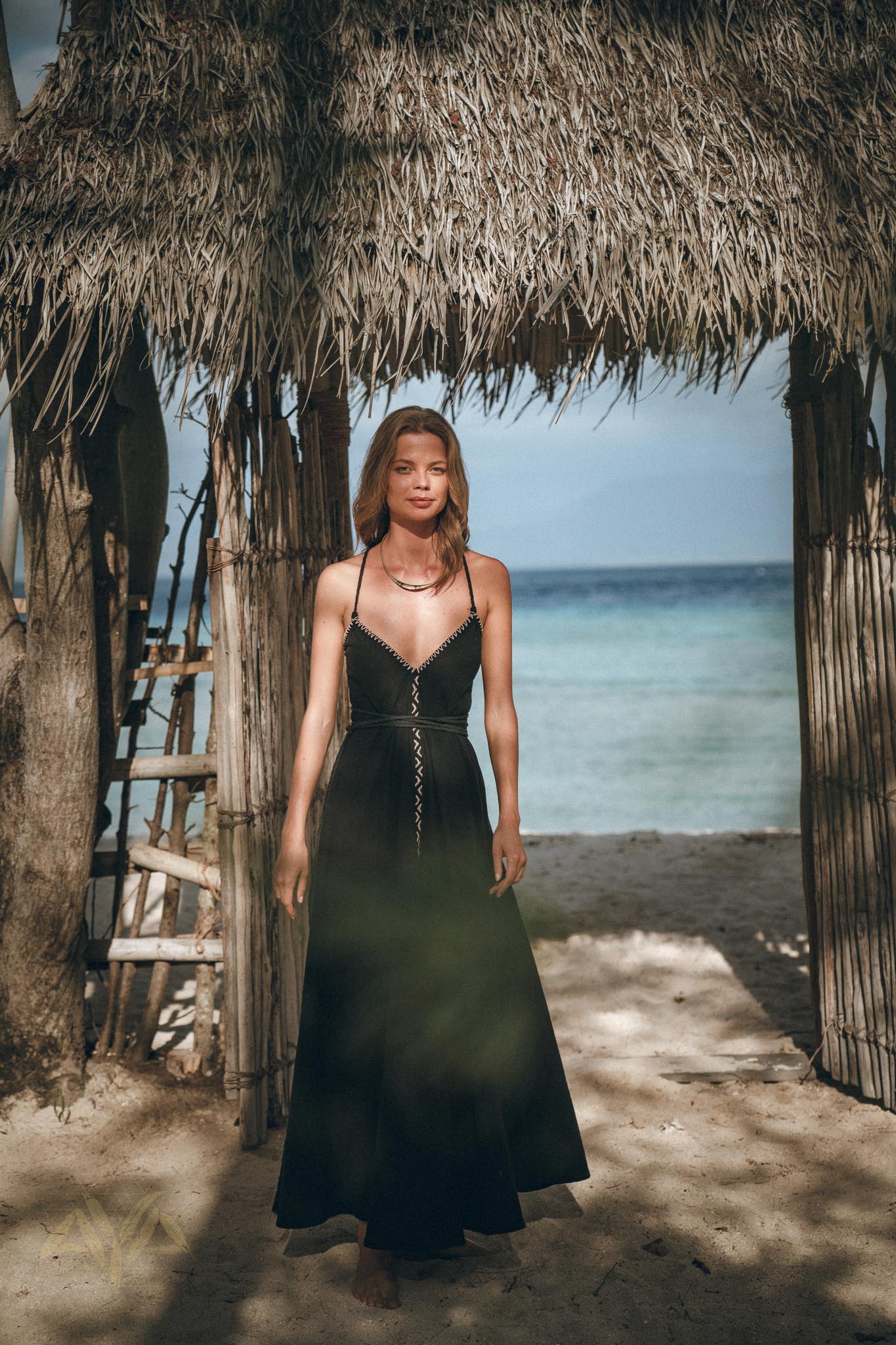 Black Cotton Slip Dress with Hand Embroidery - AYA SW IDR