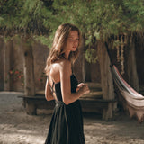 Black Cotton Slip Dress with Hand Embroidery - AYA SW IDR